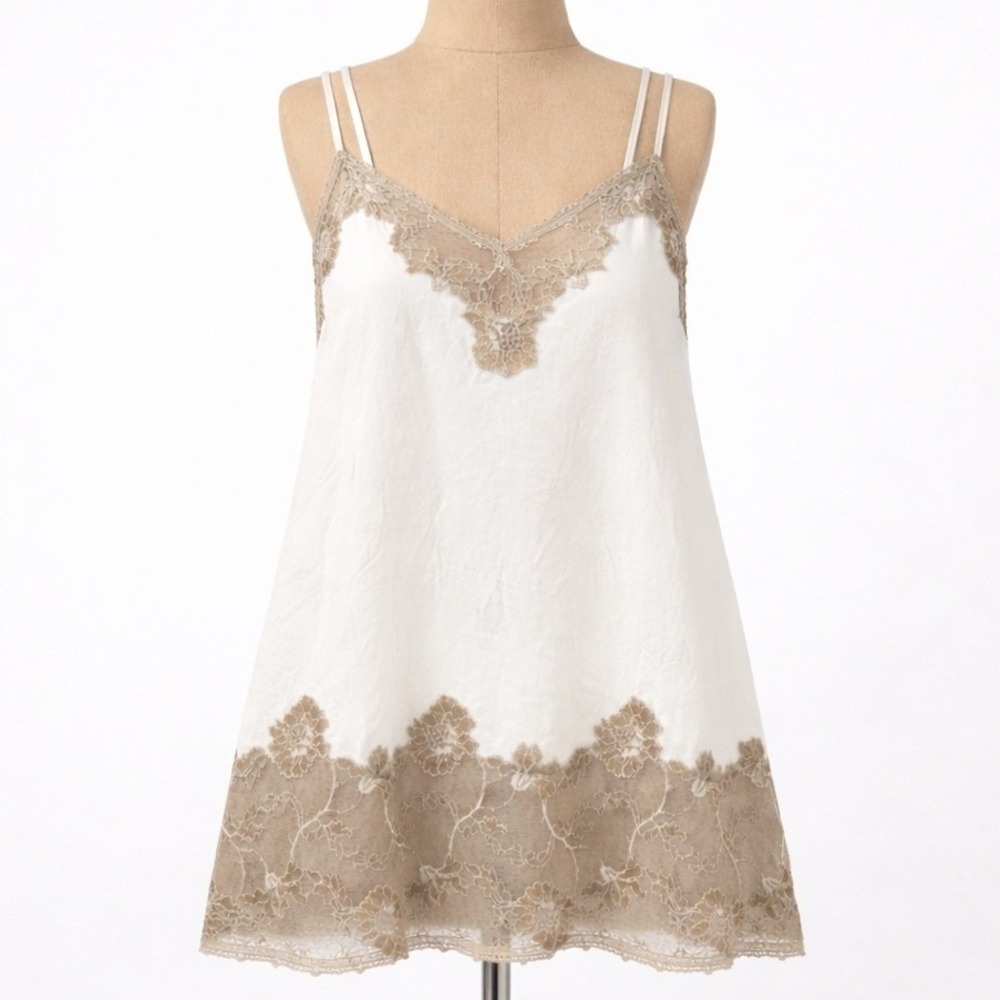 Floral Lace Fairy Bamboo Sheer Cami Top Sz M White Tan Strappy Ethereal Romantic